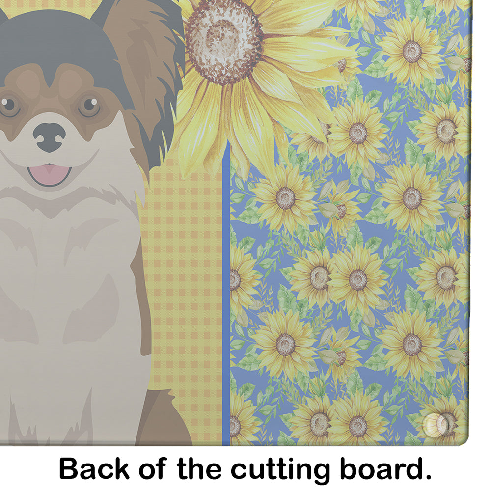 Summer Sunflowers Longhaired Black and Red Chihuahua Cutting Board Tempered Glass Kitchen Cutting Surface, Heat Resistant Chopping, Non-Slip Feet, Food Prep & Serving