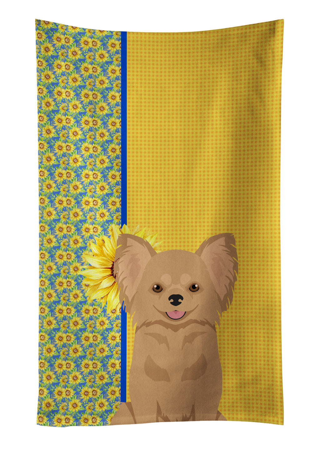Summer Sunflowers Longhaired Gold Chihuahua Kitchen Towel Velour Plush Front and Cotton Loop Back Machine Washable