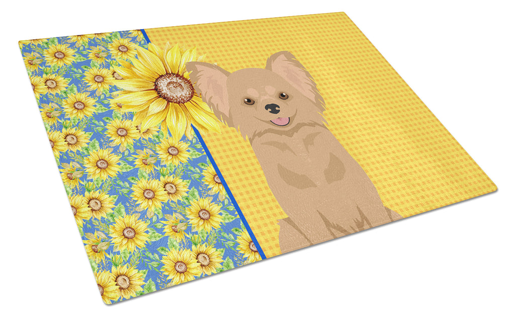 Summer Sunflowers Longhaired Gold Chihuahua Cutting Board Tempered Glass Kitchen Cutting Surface, Heat Resistant Chopping, Non-Slip Feet, Food Prep & Serving