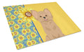 Summer Sunflowers Longhaired Gold Chihuahua Cutting Board Tempered Glass Kitchen Cutting Surface, Heat Resistant Chopping, Non-Slip Feet, Food Prep & Serving