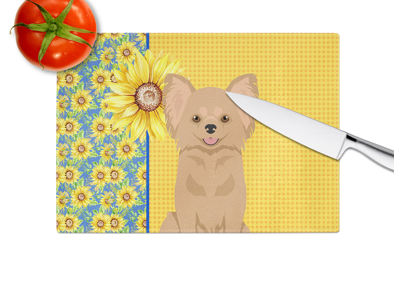 Summer Sunflowers Longhaired Gold Chihuahua Cutting Board Tempered Glass Kitchen Cutting Surface, Heat Resistant Chopping, Non-Slip Feet, Food Prep & Serving