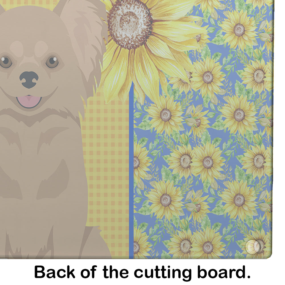 Summer Sunflowers Longhaired Gold Chihuahua Cutting Board Tempered Glass Kitchen Cutting Surface, Heat Resistant Chopping, Non-Slip Feet, Food Prep & Serving