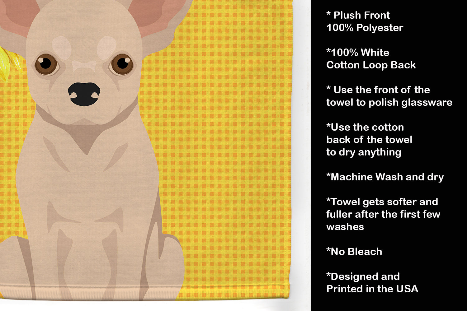 Summer Sunflowers Fawn Chihuahua Kitchen Towel Velour Plush Front and Cotton Loop Back Machine Washable