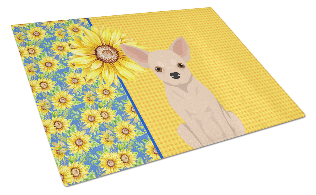 Summer Sunflowers Fawn Chihuahua Cutting Board Tempered Glass Kitchen Cutting Surface, Heat Resistant Chopping, Non-Slip Feet, Food Prep & Serving