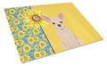 Summer Sunflowers Fawn Chihuahua Cutting Board Tempered Glass Kitchen Cutting Surface, Heat Resistant Chopping, Non-Slip Feet, Food Prep & Serving