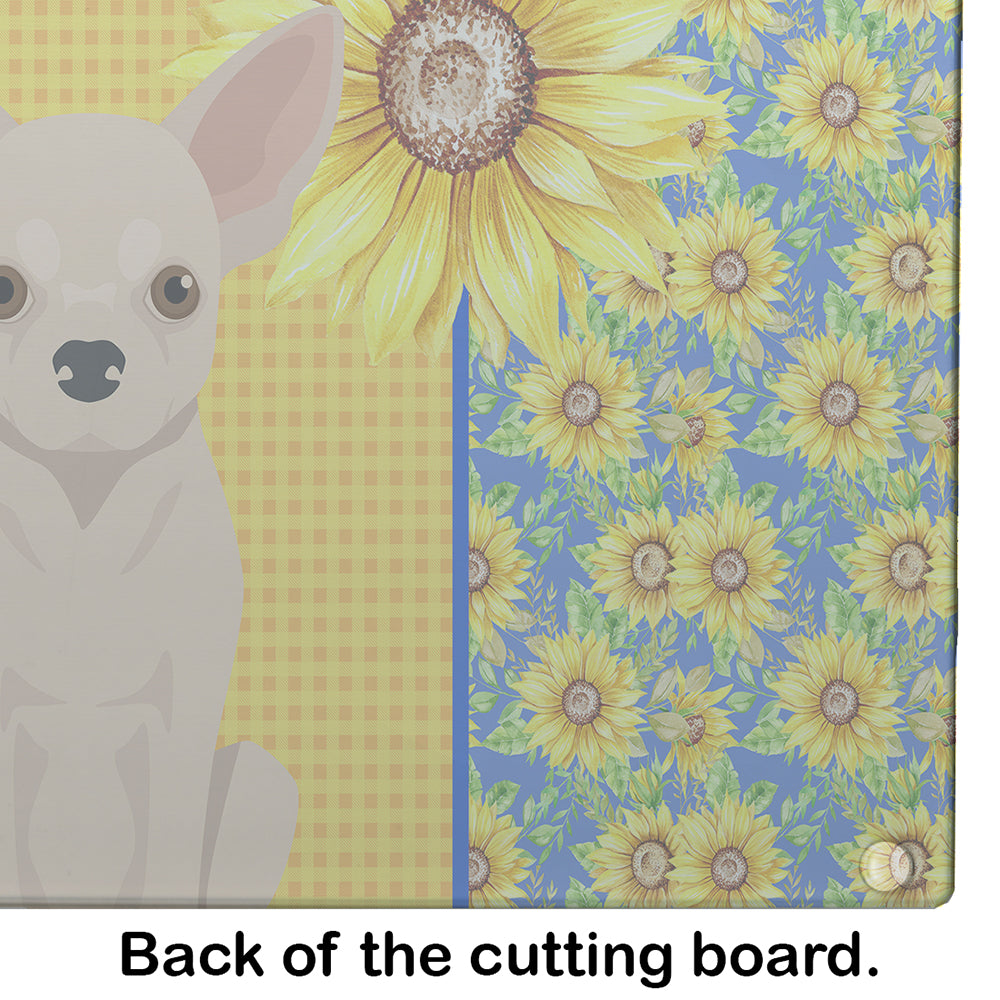 Summer Sunflowers Fawn Chihuahua Cutting Board Tempered Glass Kitchen Cutting Surface, Heat Resistant Chopping, Non-Slip Feet, Food Prep & Serving