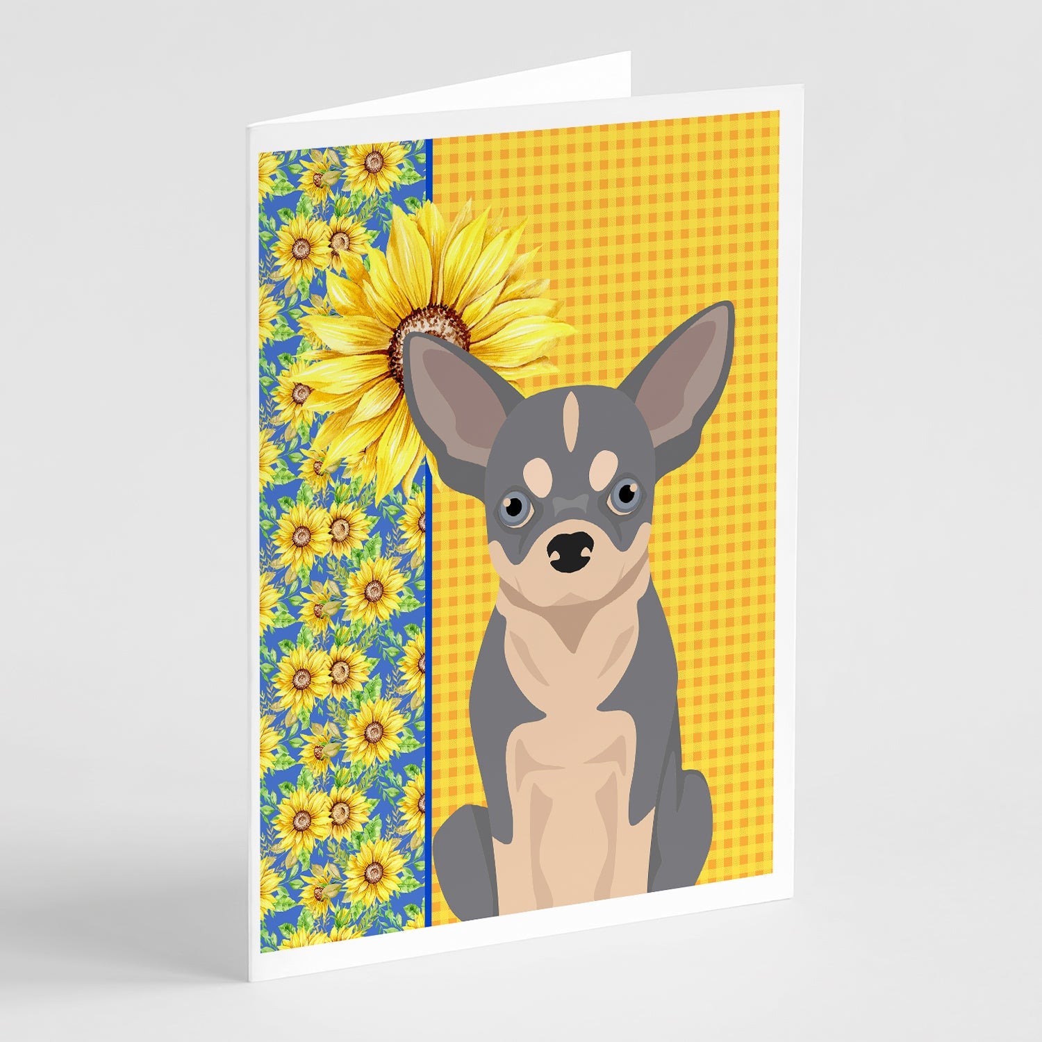 Summer Sunflowers Blue and White Chihuahua Greeting Cards Pack of 8 Blank Cards with Envelopes Whimsical A7 Size 5x7
