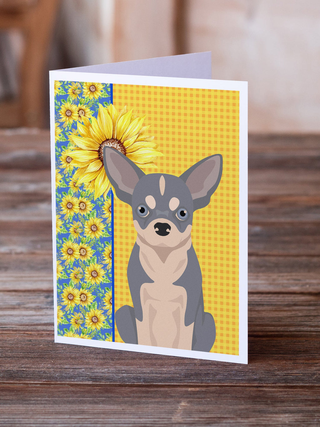 Summer Sunflowers Blue and White Chihuahua Greeting Cards Pack of 8 Blank Cards with Envelopes Whimsical A7 Size 5x7