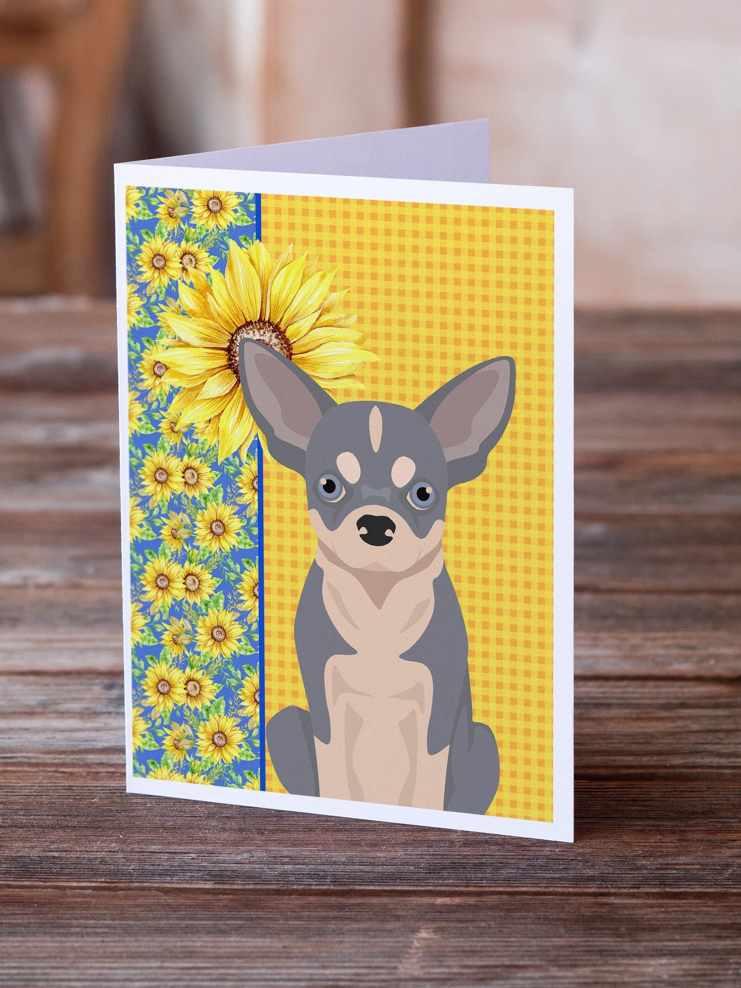 Summer Sunflowers Blue and White Chihuahua Greeting Cards Pack of 8 Blank Cards with Envelopes Whimsical A7 Size 5x7