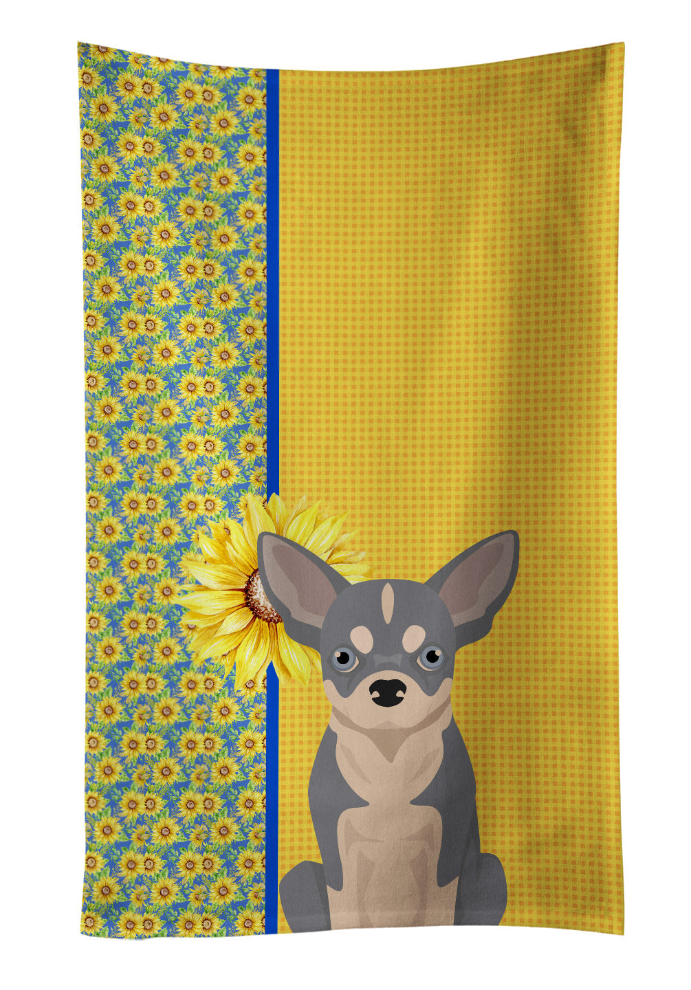 Summer Sunflowers Blue and White Chihuahua Kitchen Towel Velour Plush Front and Cotton Loop Back Machine Washable