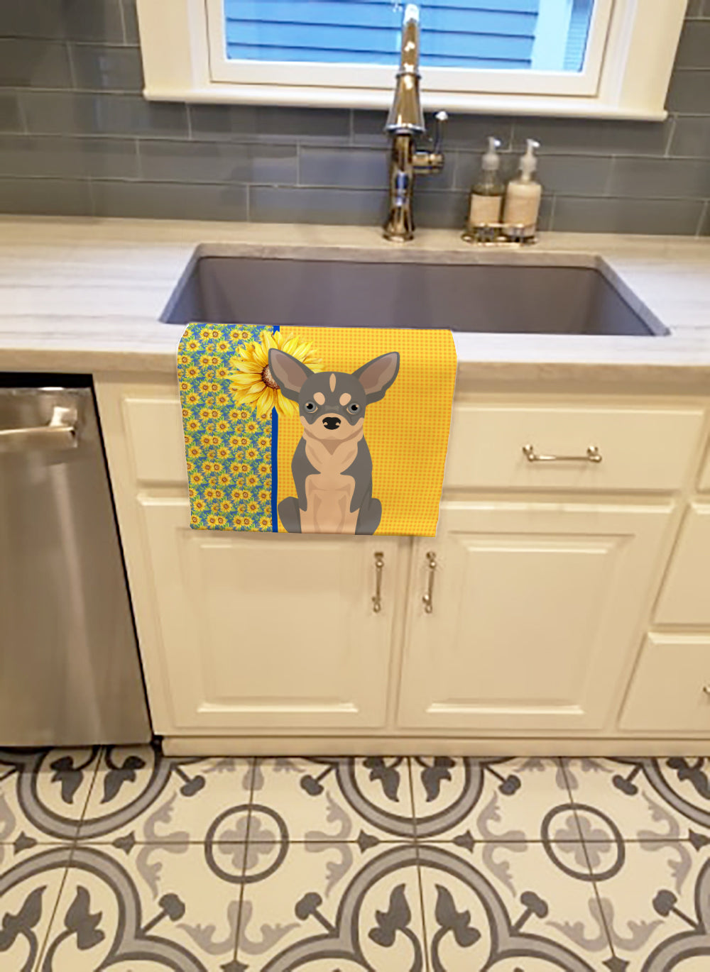Summer Sunflowers Blue and White Chihuahua Kitchen Towel Velour Plush Front and Cotton Loop Back Machine Washable