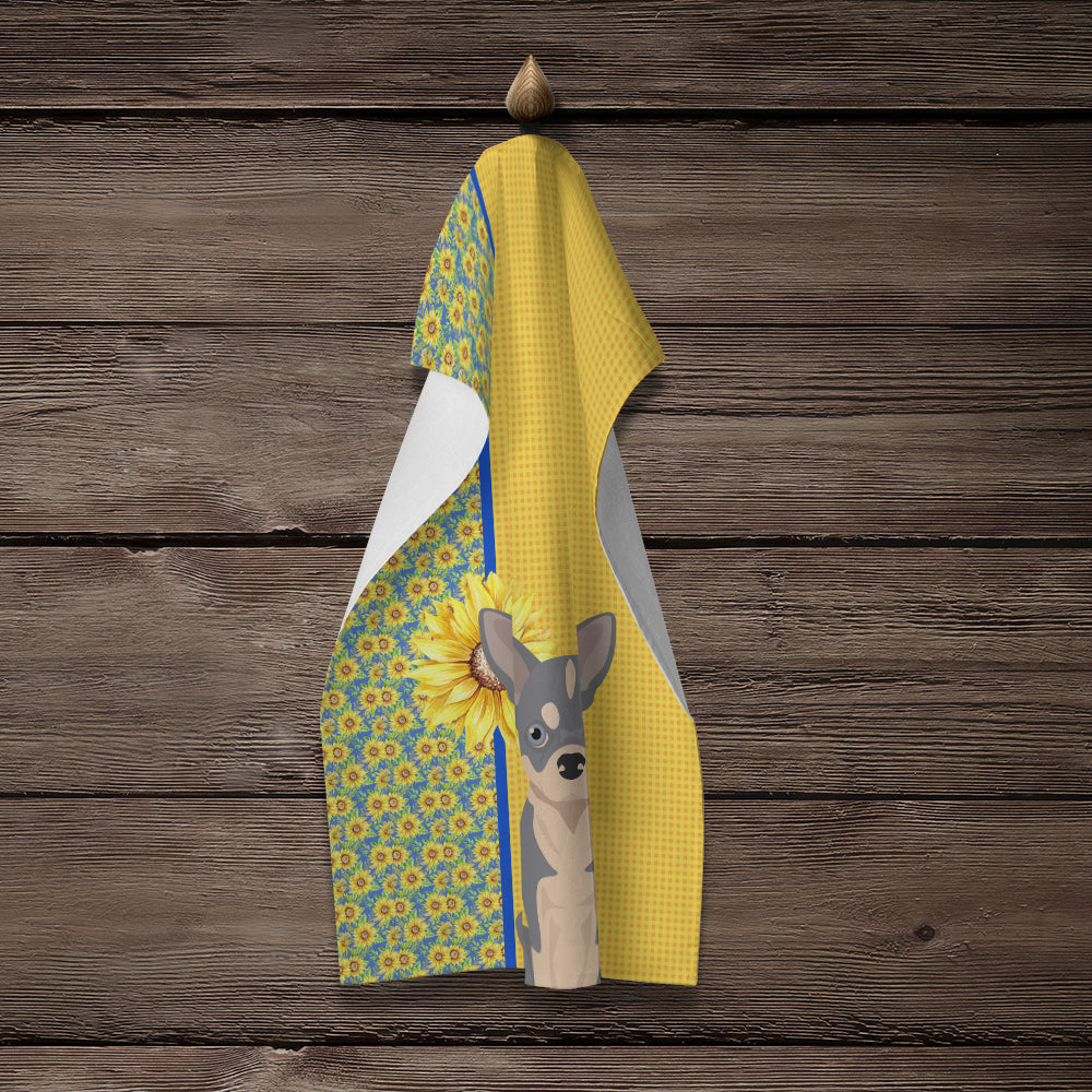 Summer Sunflowers Blue and White Chihuahua Kitchen Towel Velour Plush Front and Cotton Loop Back Machine Washable