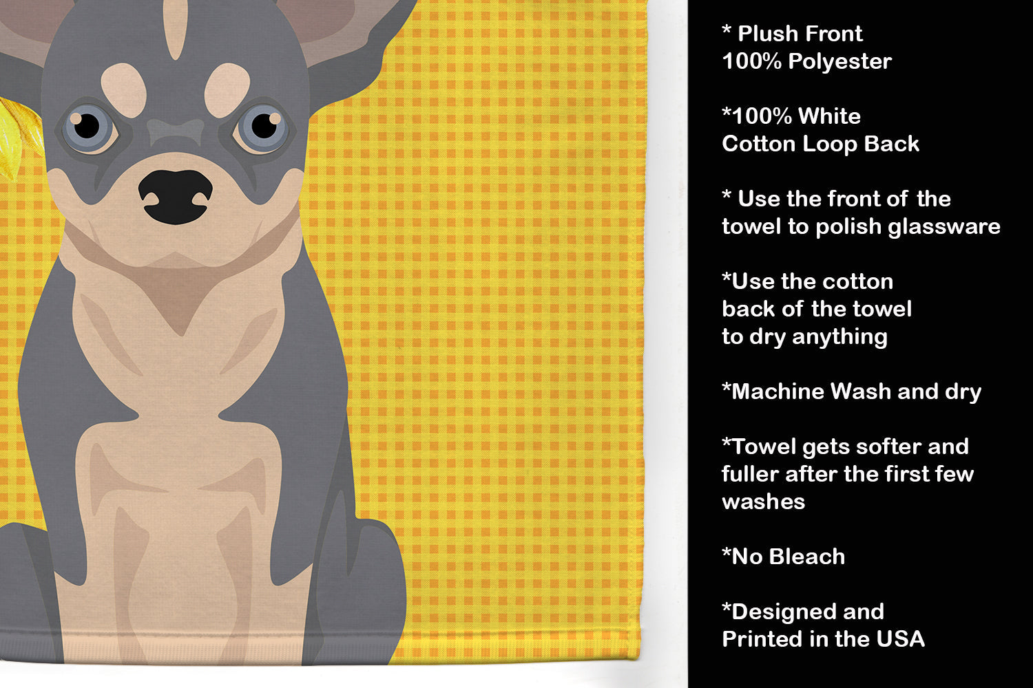 Summer Sunflowers Blue and White Chihuahua Kitchen Towel Velour Plush Front and Cotton Loop Back Machine Washable