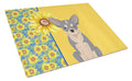 Summer Sunflowers Blue and White Chihuahua Cutting Board Tempered Glass Kitchen Cutting Surface, Heat Resistant Chopping, Non-Slip Feet, Food Prep & Serving