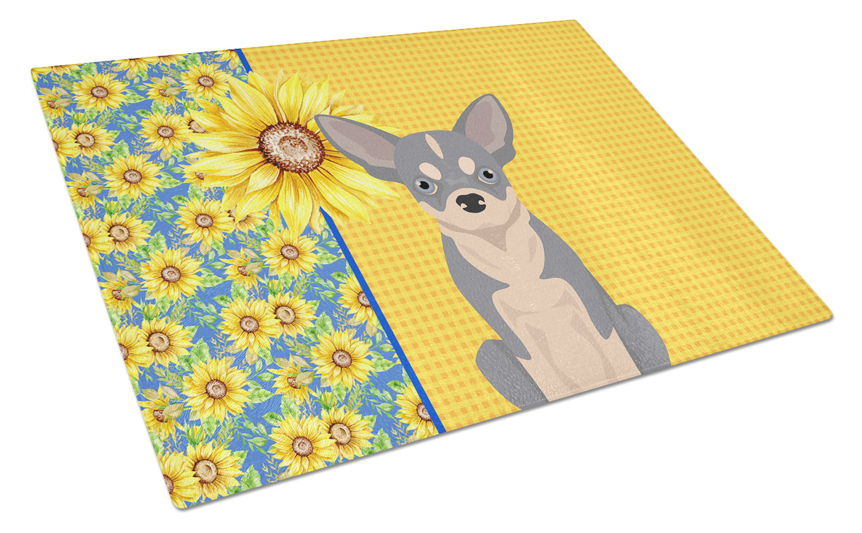 Summer Sunflowers Blue and White Chihuahua Cutting Board Tempered Glass Kitchen Cutting Surface, Heat Resistant Chopping, Non-Slip Feet, Food Prep & Serving
