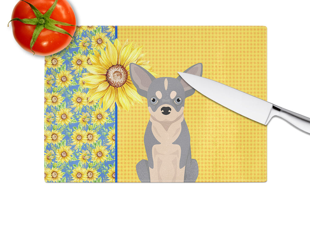 Summer Sunflowers Blue and White Chihuahua Cutting Board Tempered Glass Kitchen Cutting Surface, Heat Resistant Chopping, Non-Slip Feet, Food Prep & Serving