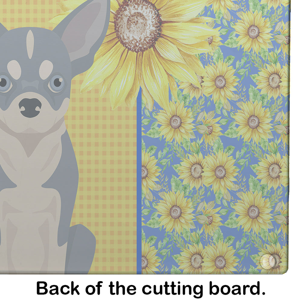 Summer Sunflowers Blue and White Chihuahua Cutting Board Tempered Glass Kitchen Cutting Surface, Heat Resistant Chopping, Non-Slip Feet, Food Prep & Serving