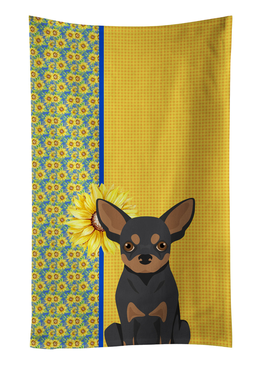Summer Sunflowers Black and Tan Chihuahua Kitchen Towel Velour Plush Front and Cotton Loop Back Machine Washable