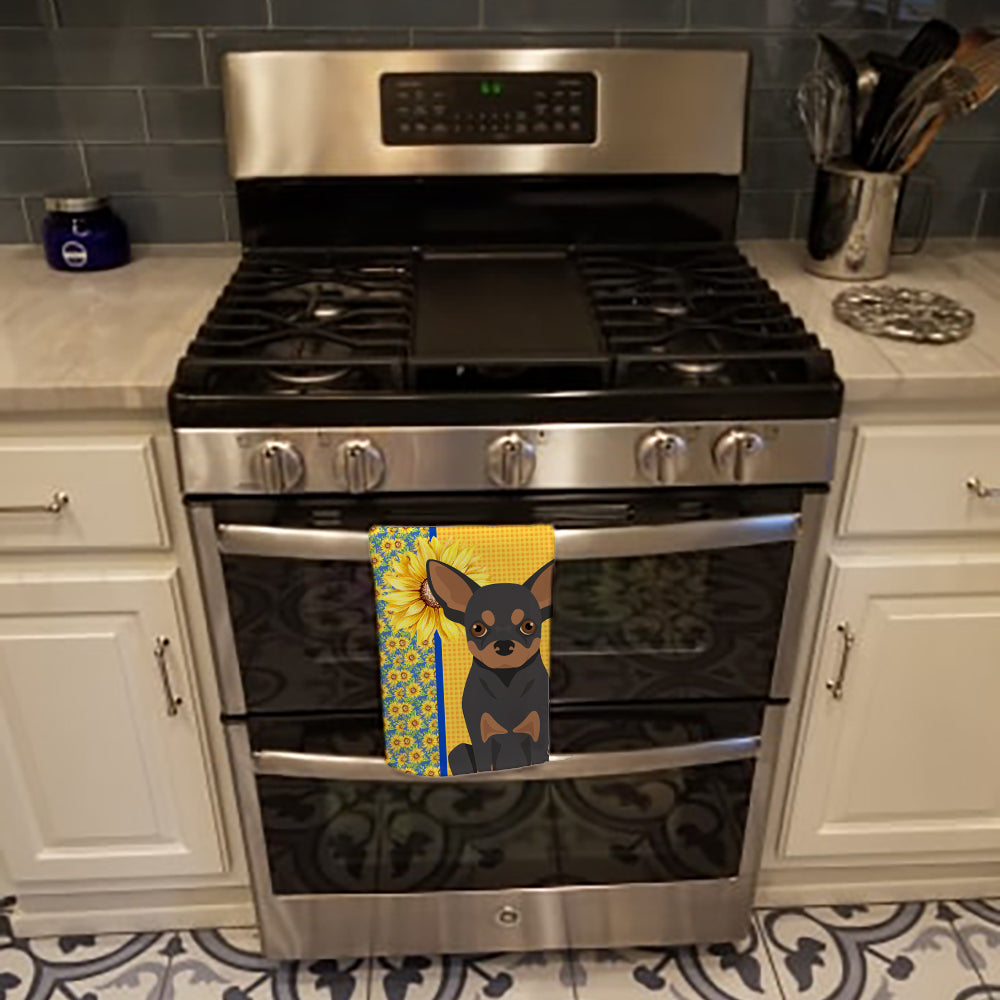 Summer Sunflowers Black and Tan Chihuahua Kitchen Towel Velour Plush Front and Cotton Loop Back Machine Washable