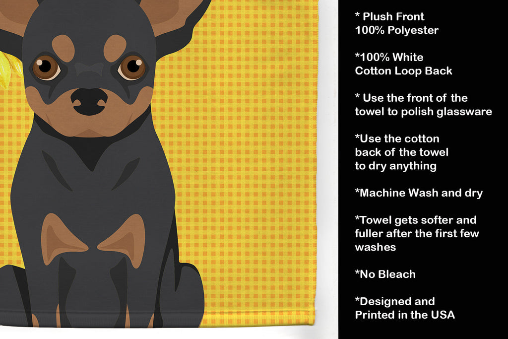 Summer Sunflowers Black and Tan Chihuahua Kitchen Towel Velour Plush Front and Cotton Loop Back Machine Washable