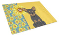 Summer Sunflowers Black and Tan Chihuahua Cutting Board Tempered Glass Kitchen Cutting Surface, Heat Resistant Chopping, Non-Slip Feet, Food Prep & Serving