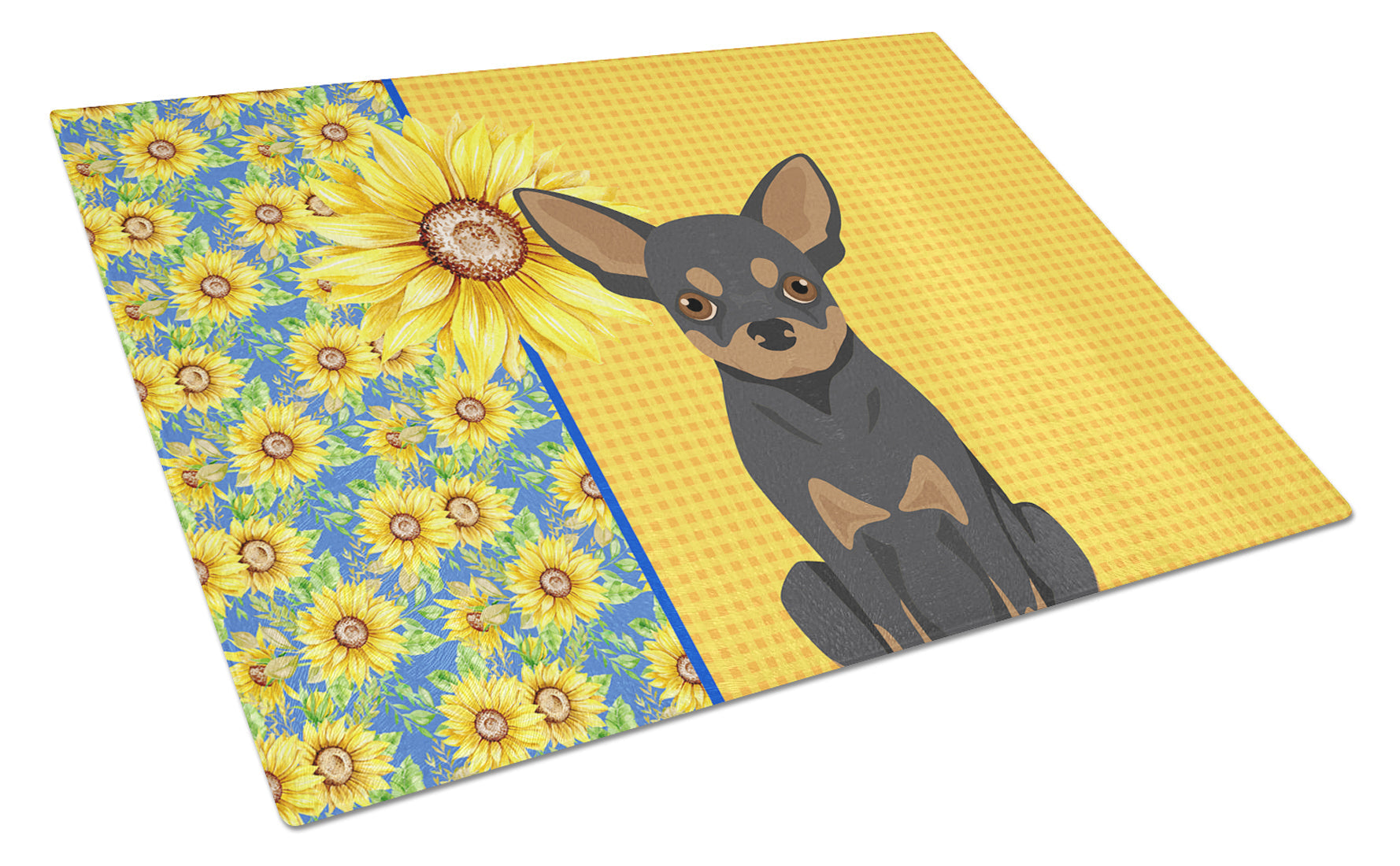 Summer Sunflowers Black and Tan Chihuahua Cutting Board Tempered Glass Kitchen Cutting Surface, Heat Resistant Chopping, Non-Slip Feet, Food Prep & Serving