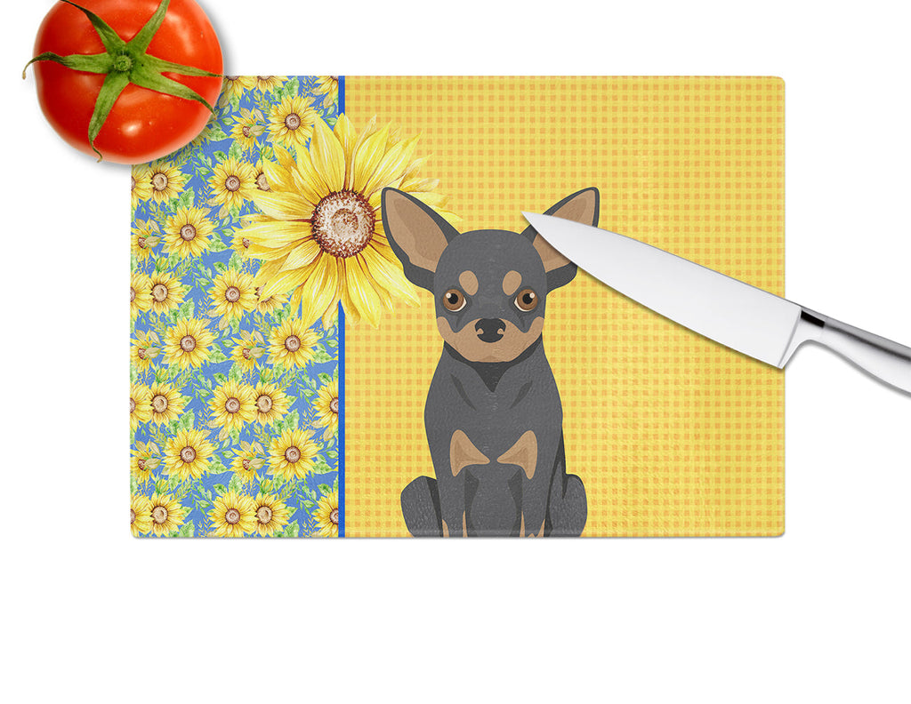 Summer Sunflowers Black and Tan Chihuahua Cutting Board Tempered Glass Kitchen Cutting Surface, Heat Resistant Chopping, Non-Slip Feet, Food Prep & Serving