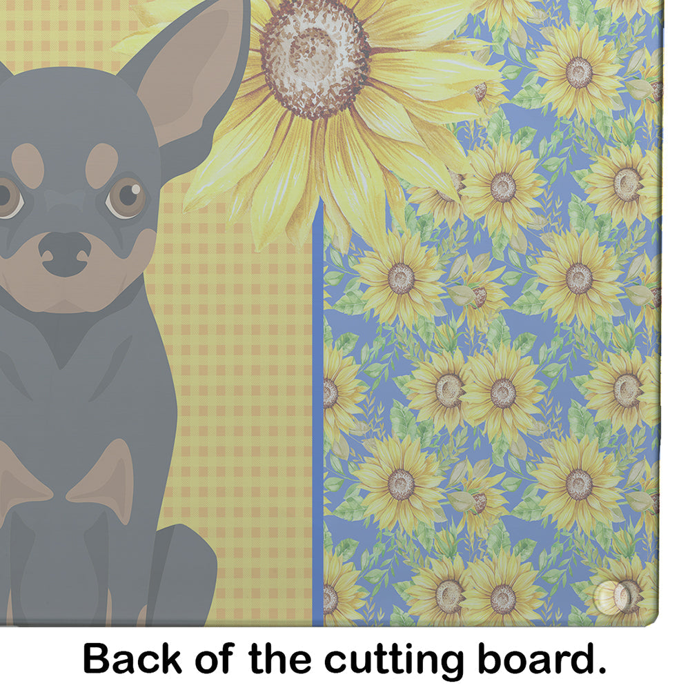 Summer Sunflowers Black and Tan Chihuahua Cutting Board Tempered Glass Kitchen Cutting Surface, Heat Resistant Chopping, Non-Slip Feet, Food Prep & Serving