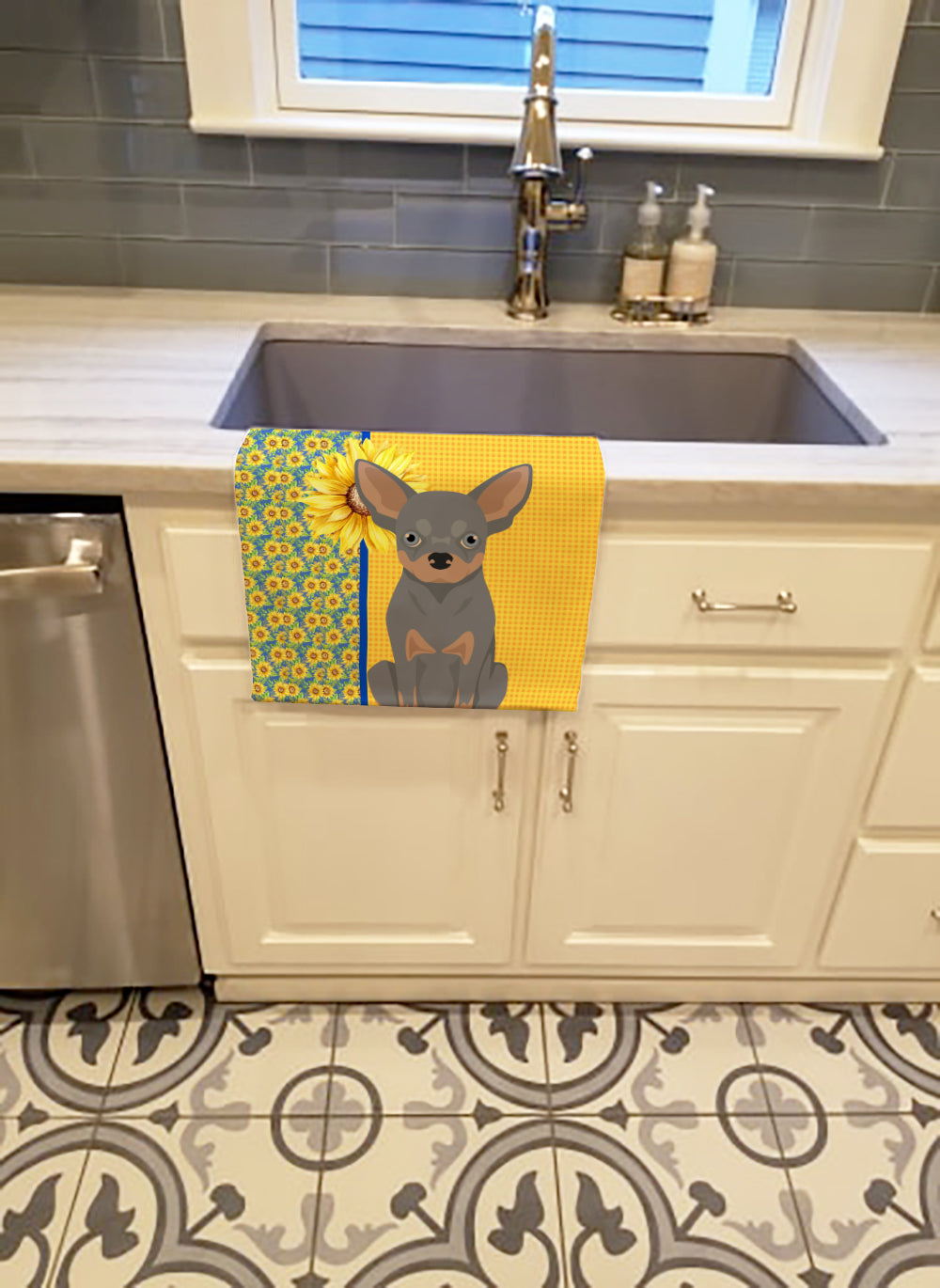 Summer Sunflowers Blue and Tan Chihuahua Kitchen Towel Velour Plush Front and Cotton Loop Back Machine Washable