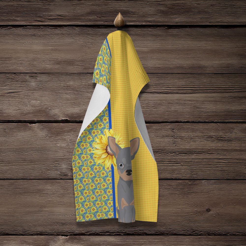 Summer Sunflowers Blue and Tan Chihuahua Kitchen Towel Velour Plush Front and Cotton Loop Back Machine Washable