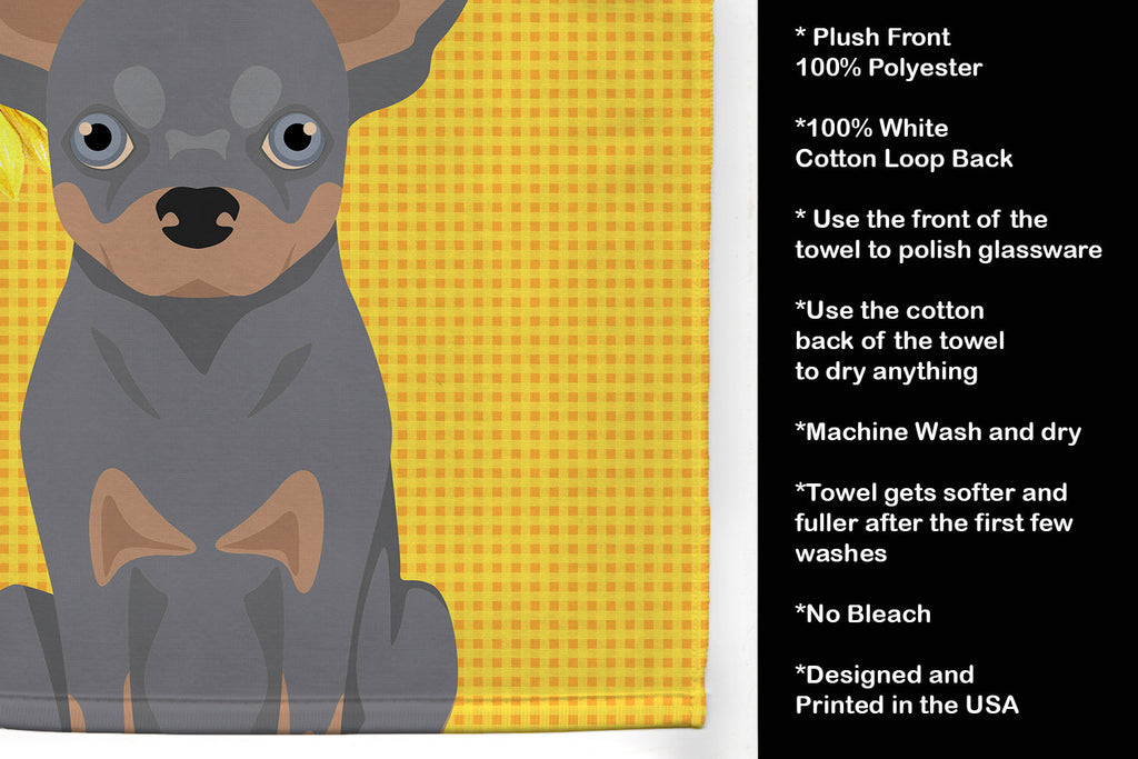 Summer Sunflowers Blue and Tan Chihuahua Kitchen Towel Velour Plush Front and Cotton Loop Back Machine Washable