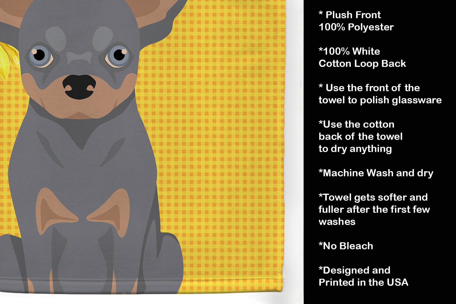 Summer Sunflowers Blue and Tan Chihuahua Kitchen Towel Velour Plush Front and Cotton Loop Back Machine Washable