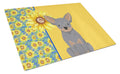 Summer Sunflowers Blue and Tan Chihuahua Cutting Board Tempered Glass Kitchen Cutting Surface, Heat Resistant Chopping, Non-Slip Feet, Food Prep & Serving