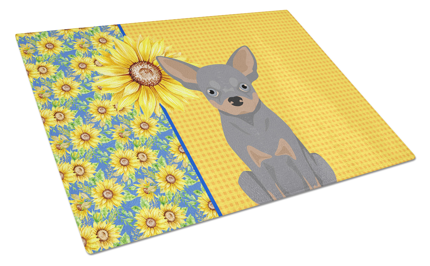 Summer Sunflowers Blue and Tan Chihuahua Cutting Board Tempered Glass Kitchen Cutting Surface, Heat Resistant Chopping, Non-Slip Feet, Food Prep & Serving