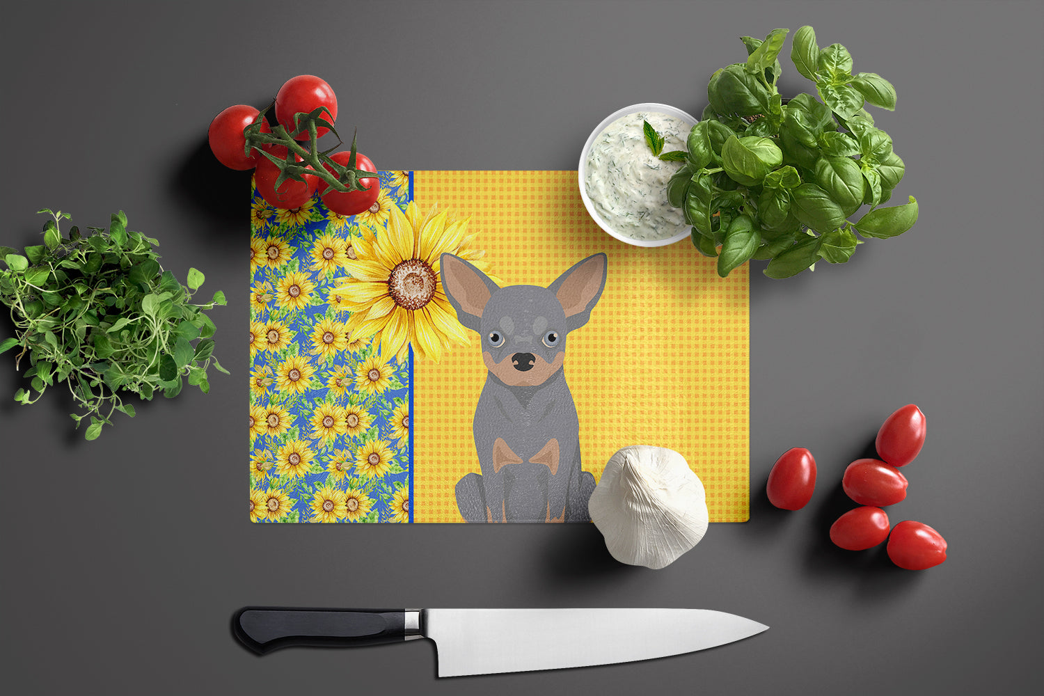 Summer Sunflowers Blue and Tan Chihuahua Cutting Board Tempered Glass Kitchen Cutting Surface, Heat Resistant Chopping, Non-Slip Feet, Food Prep & Serving