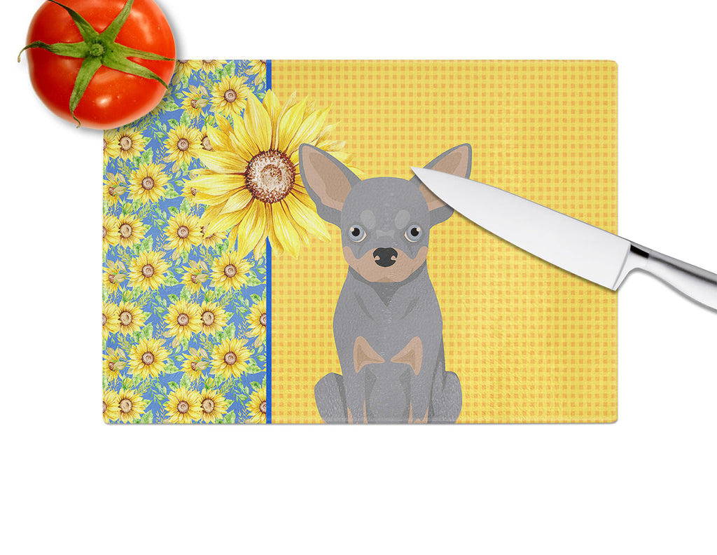 Summer Sunflowers Blue and Tan Chihuahua Cutting Board Tempered Glass Kitchen Cutting Surface, Heat Resistant Chopping, Non-Slip Feet, Food Prep & Serving
