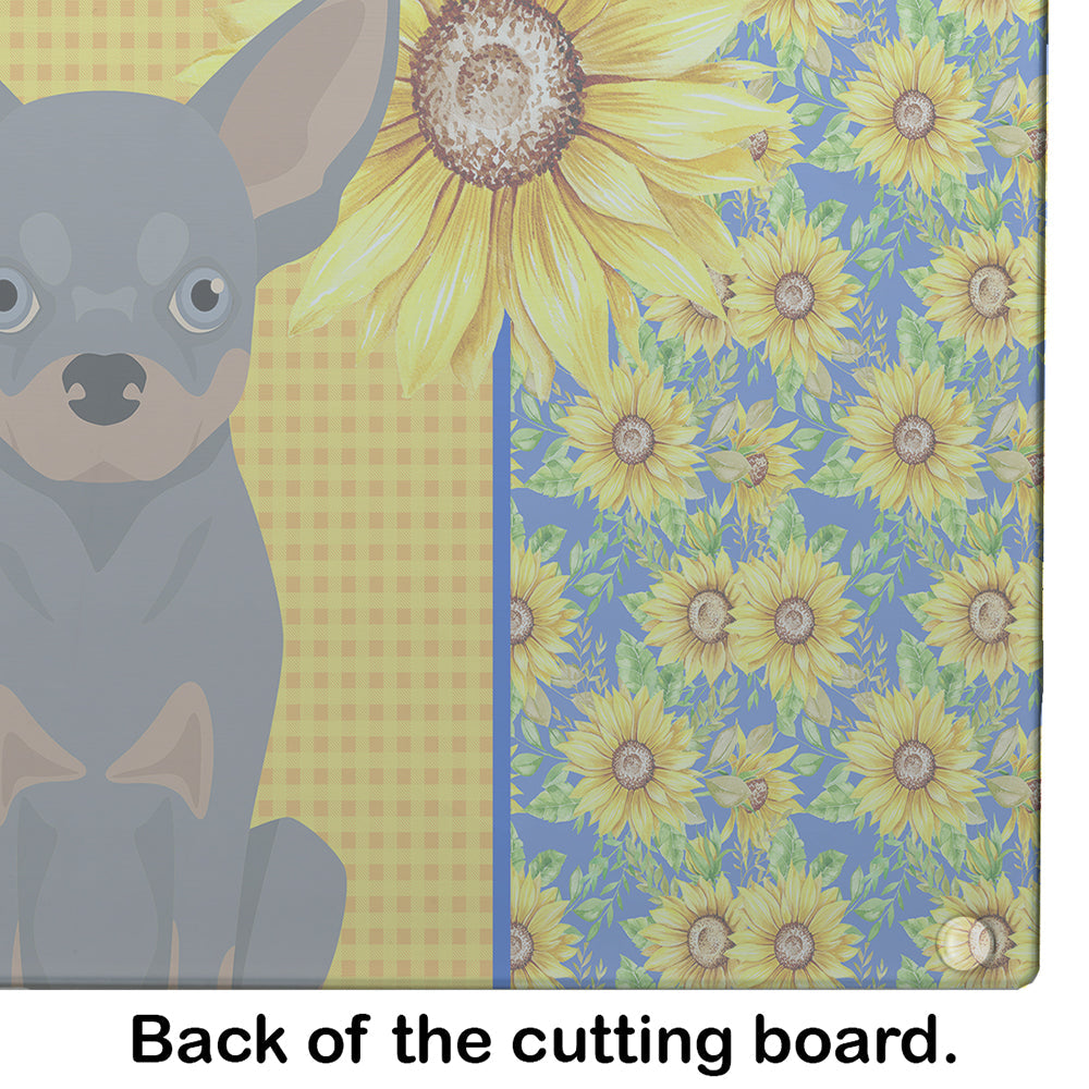Summer Sunflowers Blue and Tan Chihuahua Cutting Board Tempered Glass Kitchen Cutting Surface, Heat Resistant Chopping, Non-Slip Feet, Food Prep & Serving