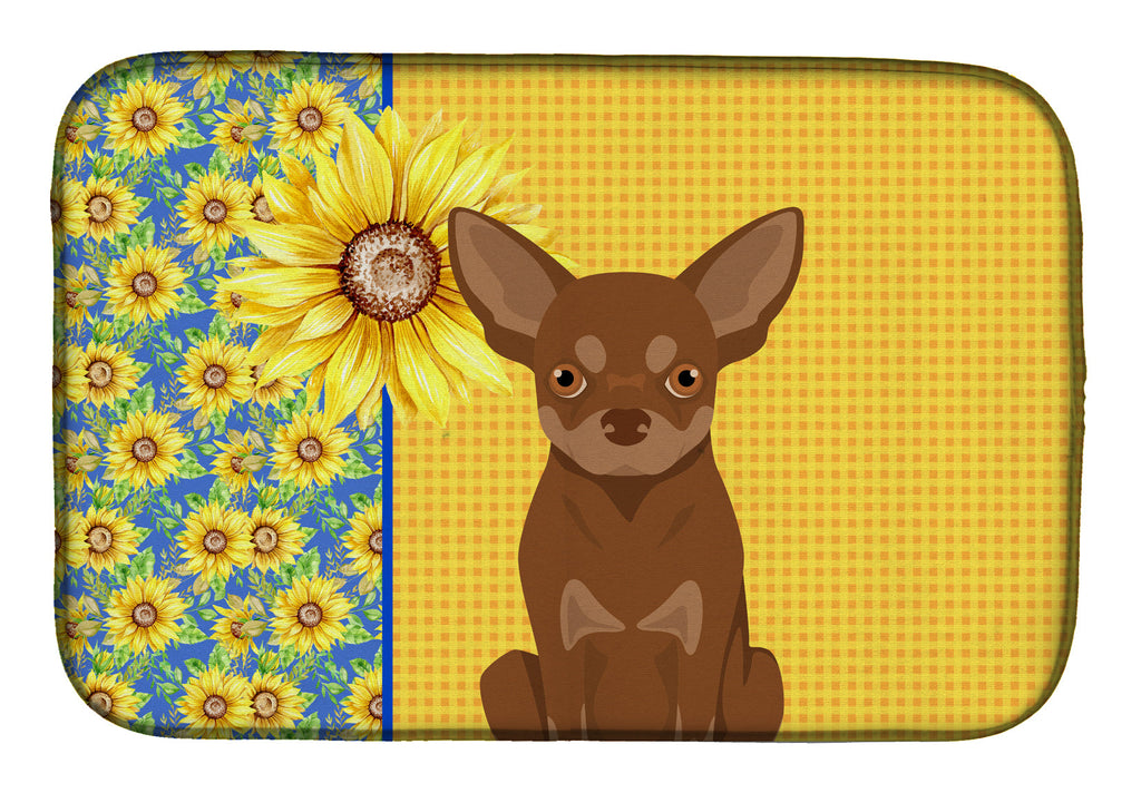 Summer Sunflowers Chocolate and Tan Chihuahua Dish Drying Mat Absorbent Dish Drying Mat Pad for Kitchen Counter Dish Drainer Mat for Countertop, 14 x 21", Multicolor