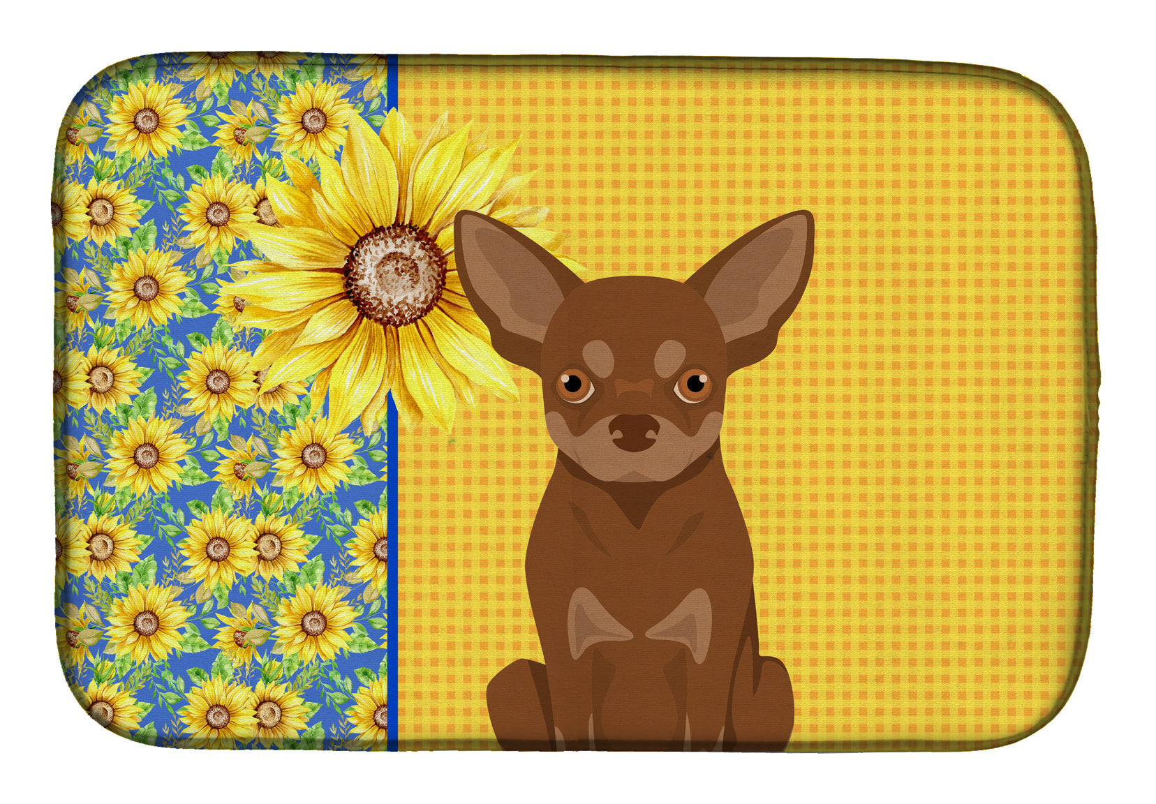 Summer Sunflowers Chocolate and Tan Chihuahua Dish Drying Mat Absorbent Dish Drying Mat Pad for Kitchen Counter Dish Drainer Mat for Countertop, 14 x 21", Multicolor