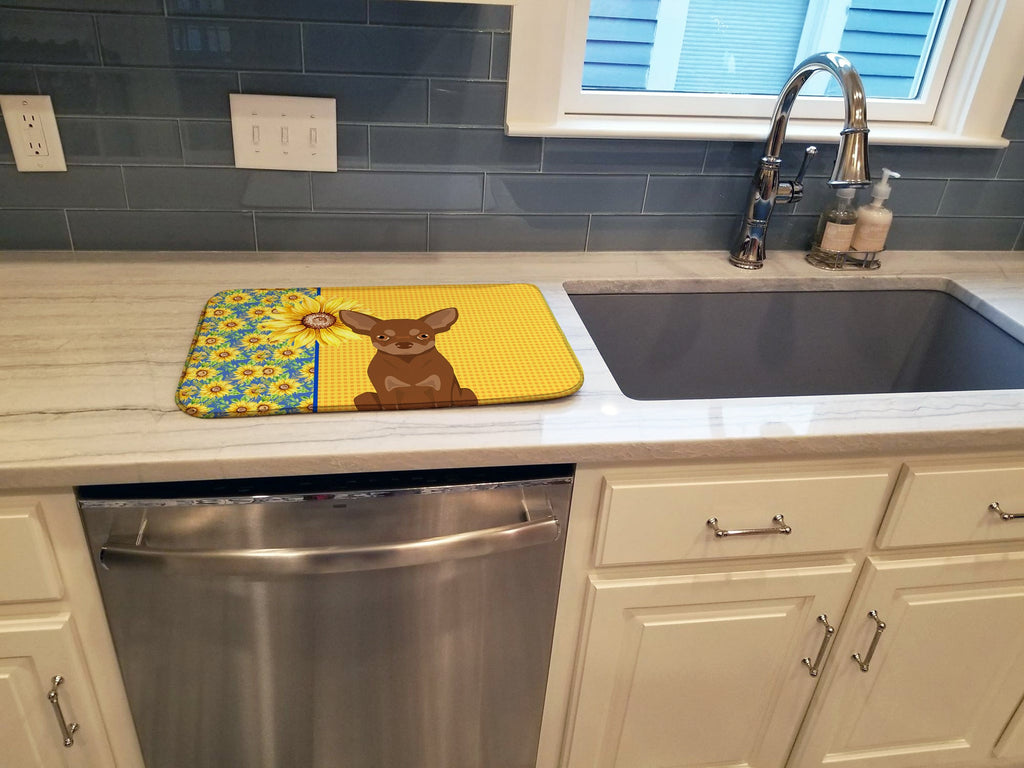 Summer Sunflowers Chocolate and Tan Chihuahua Dish Drying Mat Absorbent Dish Drying Mat Pad for Kitchen Counter Dish Drainer Mat for Countertop, 14 x 21", Multicolor