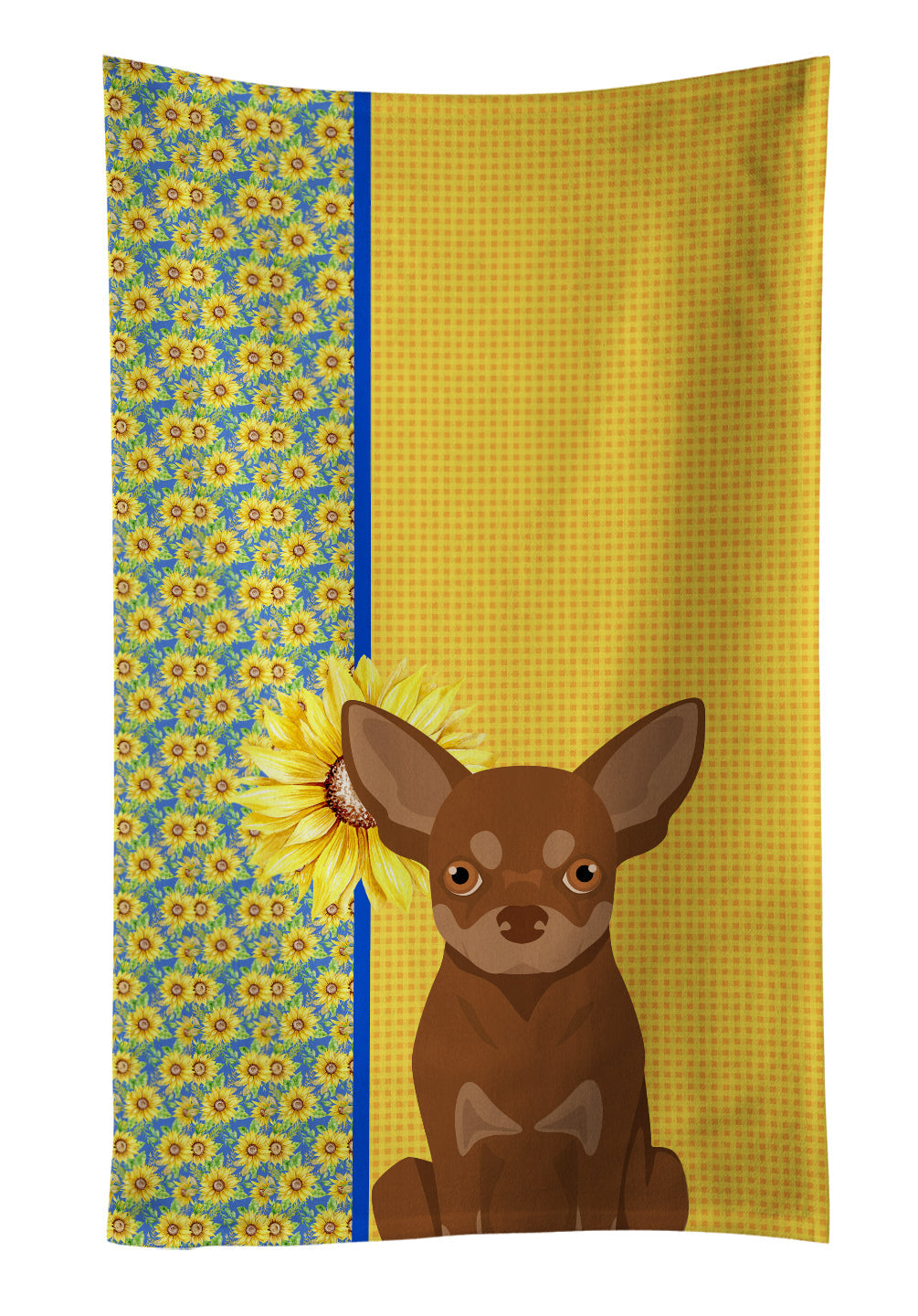 Summer Sunflowers Chocolate and Tan Chihuahua Kitchen Towel Velour Plush Front and Cotton Loop Back Machine Washable