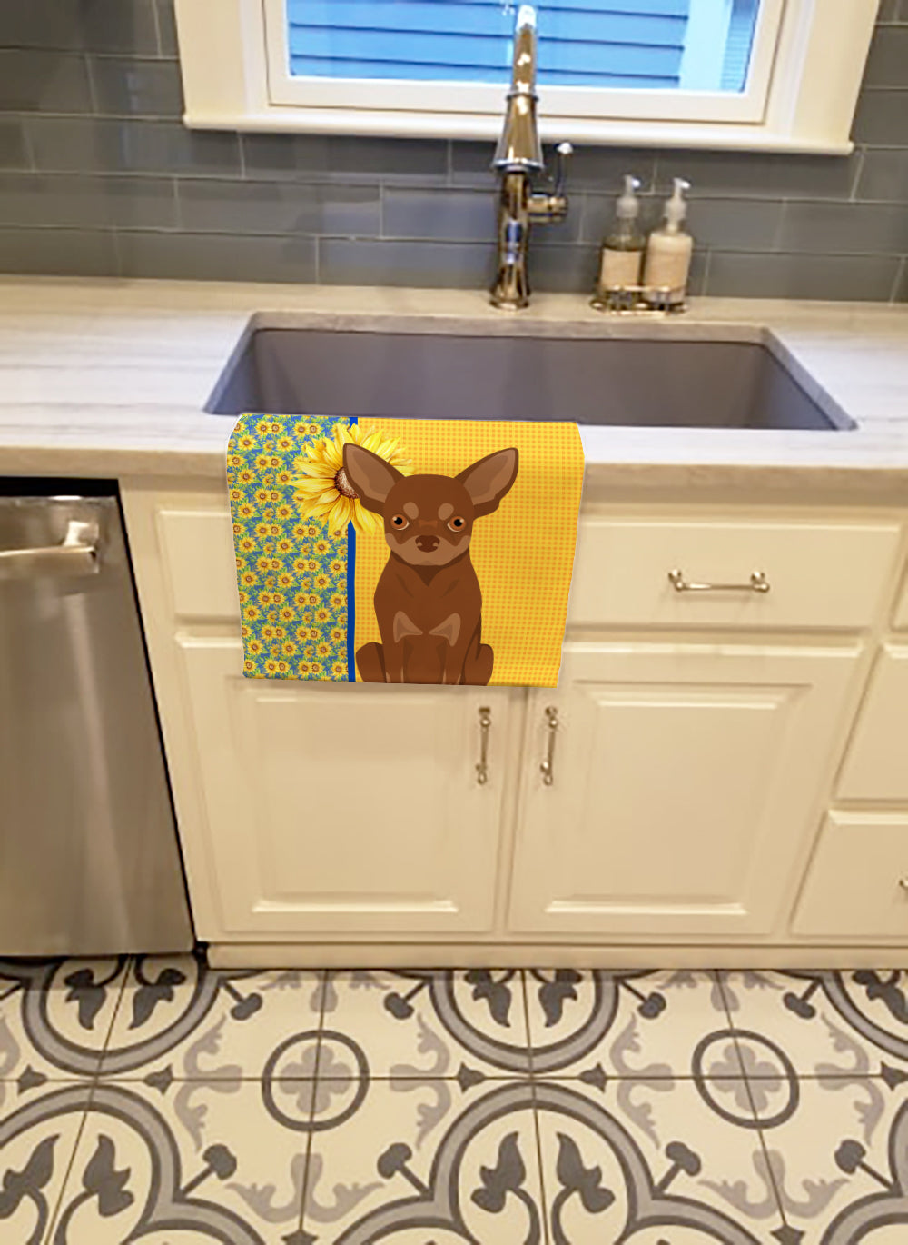 Summer Sunflowers Chocolate and Tan Chihuahua Kitchen Towel Velour Plush Front and Cotton Loop Back Machine Washable