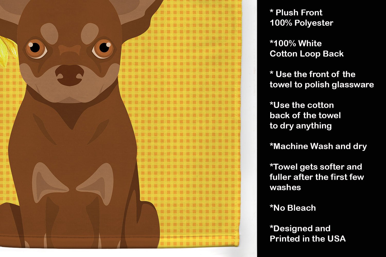 Summer Sunflowers Chocolate and Tan Chihuahua Kitchen Towel Velour Plush Front and Cotton Loop Back Machine Washable