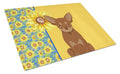 Summer Sunflowers Chocolate and Tan Chihuahua Cutting Board Tempered Glass Kitchen Cutting Surface, Heat Resistant Chopping, Non-Slip Feet, Food Prep & Serving
