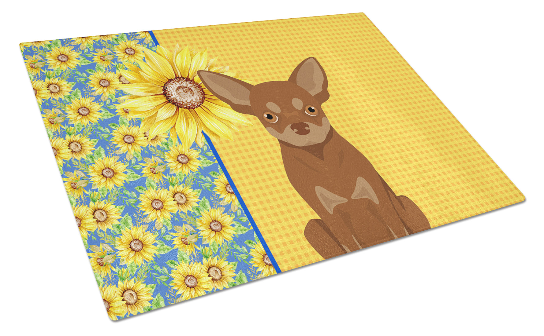 Summer Sunflowers Chocolate and Tan Chihuahua Cutting Board Tempered Glass Kitchen Cutting Surface, Heat Resistant Chopping, Non-Slip Feet, Food Prep & Serving