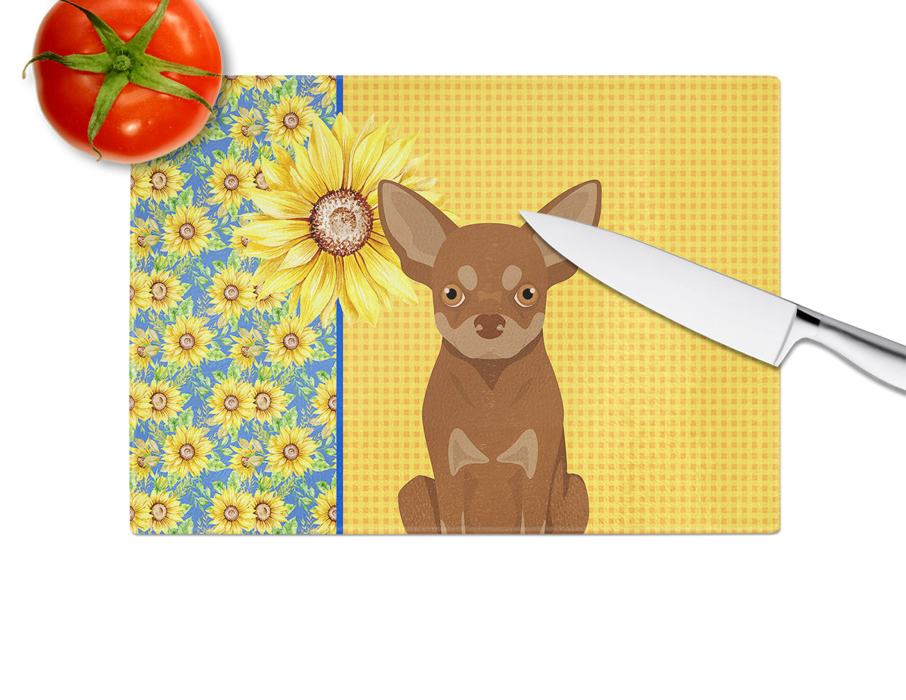 Summer Sunflowers Chocolate and Tan Chihuahua Cutting Board Tempered Glass Kitchen Cutting Surface, Heat Resistant Chopping, Non-Slip Feet, Food Prep & Serving