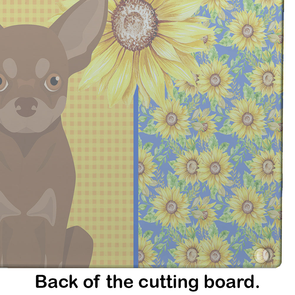 Summer Sunflowers Chocolate and Tan Chihuahua Cutting Board Tempered Glass Kitchen Cutting Surface, Heat Resistant Chopping, Non-Slip Feet, Food Prep & Serving