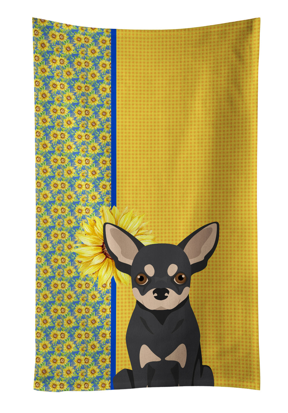 Summer Sunflowers Black and Cream Chihuahua Kitchen Towel Velour Plush Front and Cotton Loop Back Machine Washable