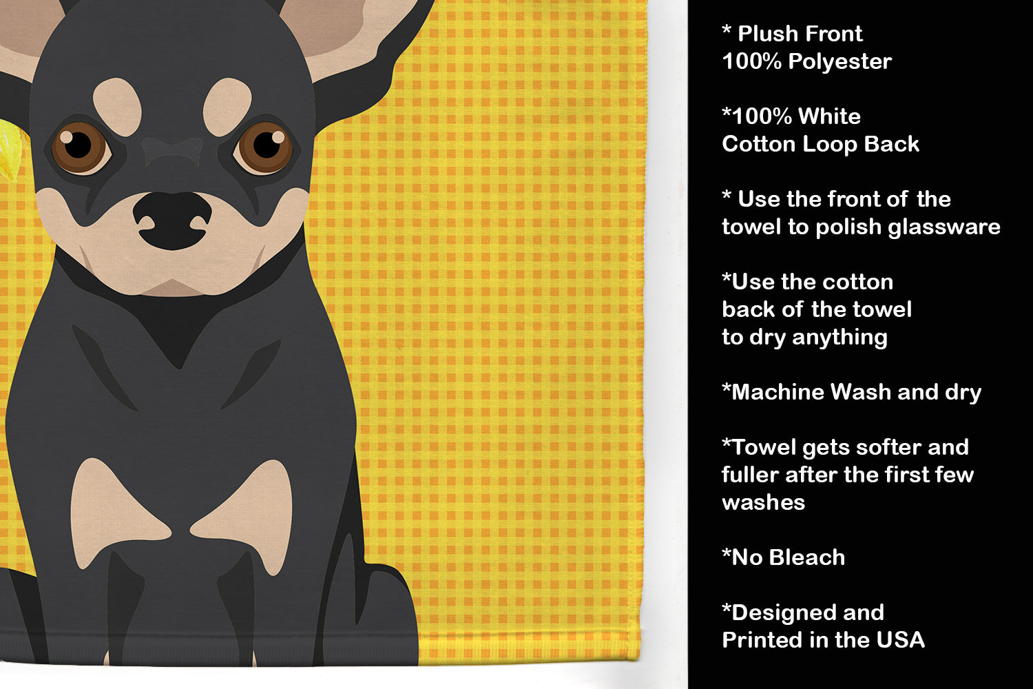 Summer Sunflowers Black and Cream Chihuahua Kitchen Towel Velour Plush Front and Cotton Loop Back Machine Washable