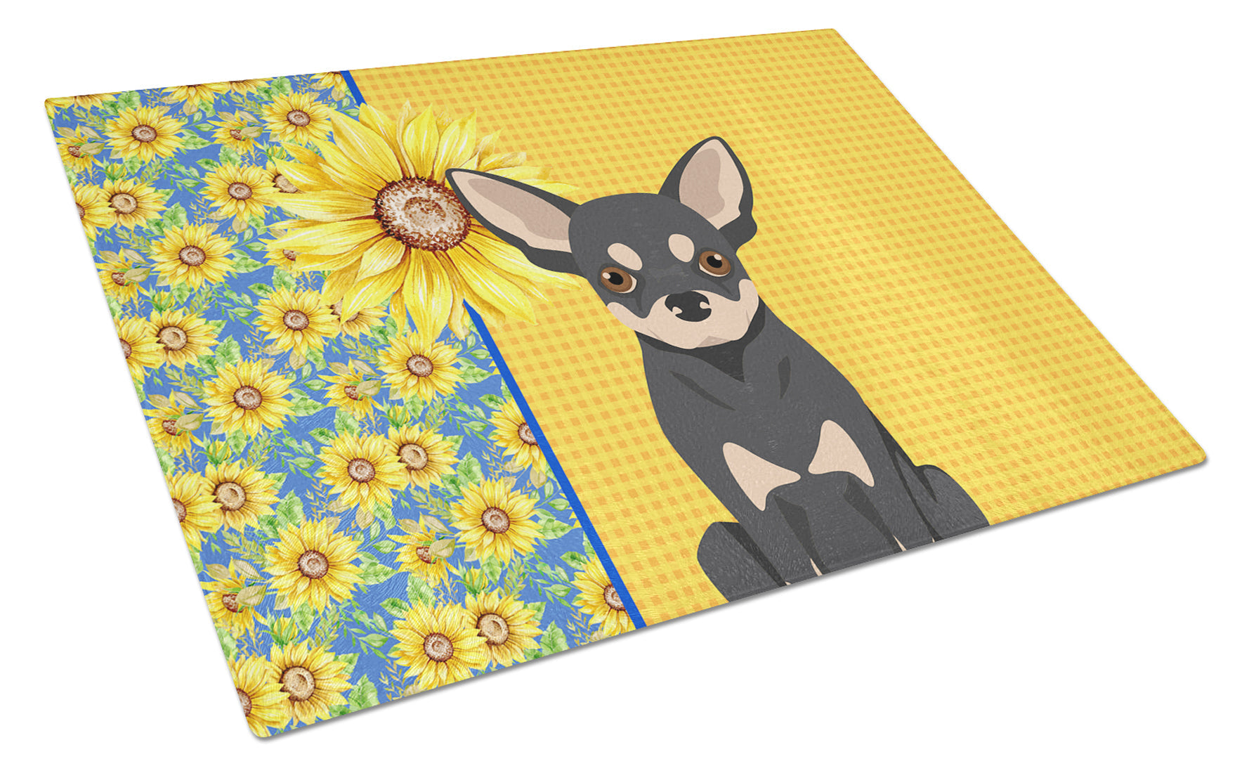 Summer Sunflowers Black and Cream Chihuahua Cutting Board Tempered Glass Kitchen Cutting Surface, Heat Resistant Chopping, Non-Slip Feet, Food Prep & Serving